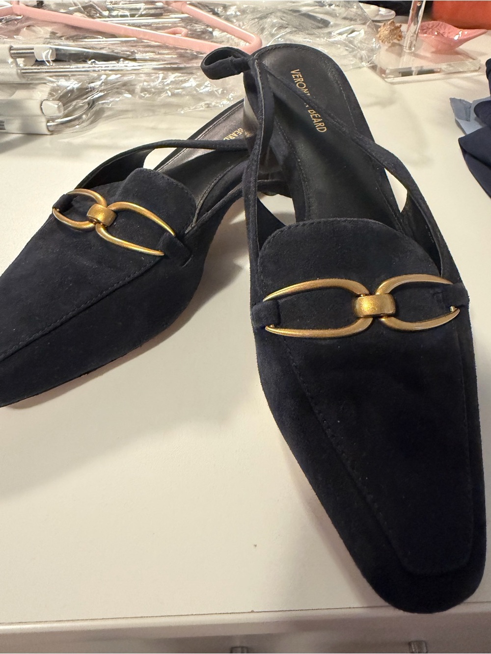 Veronica Beard Blue Suede Pointed Slingback Loafers with Gold Chain Accent
